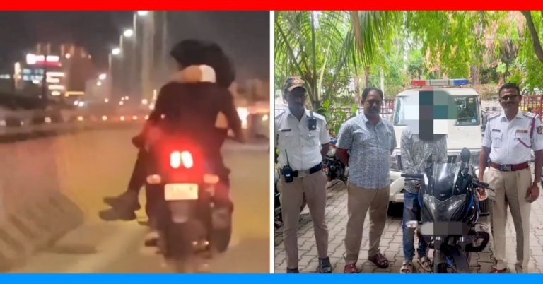 Man riding Pulsar with woman on lap in Bengaluru