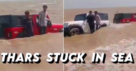 Mahindra Thar stuck in sea in Gujarat