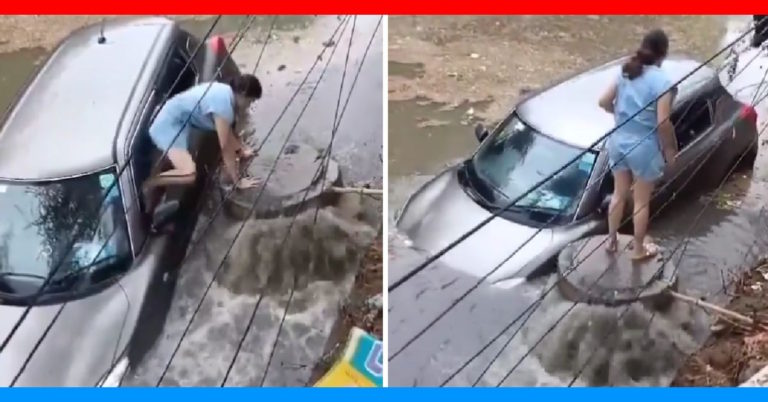 Maruti Swift gets stuck in sewage
