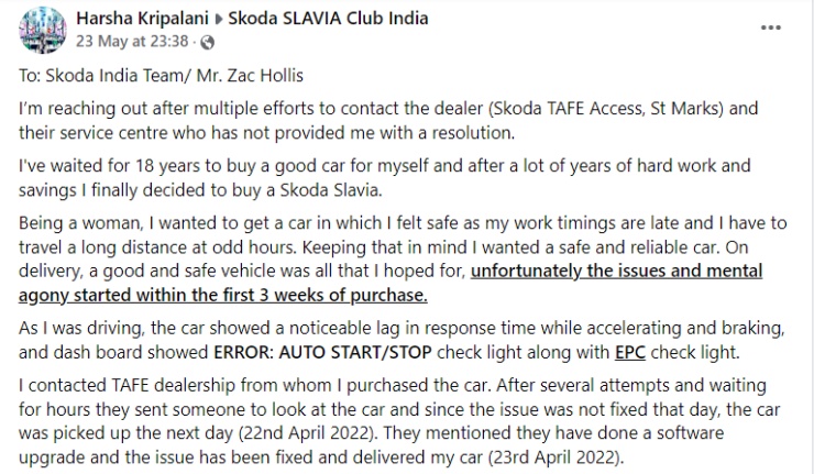 Skoda India director Zac Hollis responds to lady Slavia owner who complained about problems
