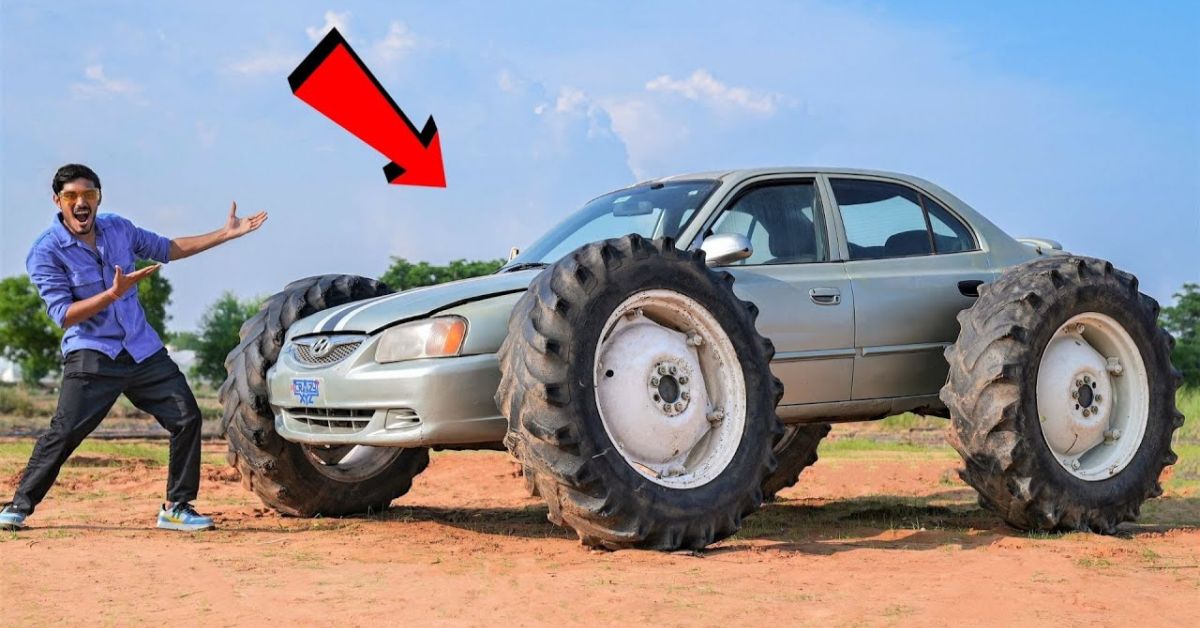 Hyundai Accent modified with tractor tyres