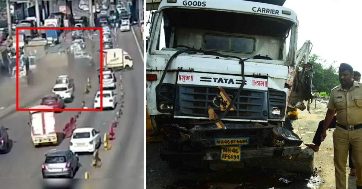 Dumper Truck Hits Biker And Many Cars Waiting At A Toll Plaza 6669