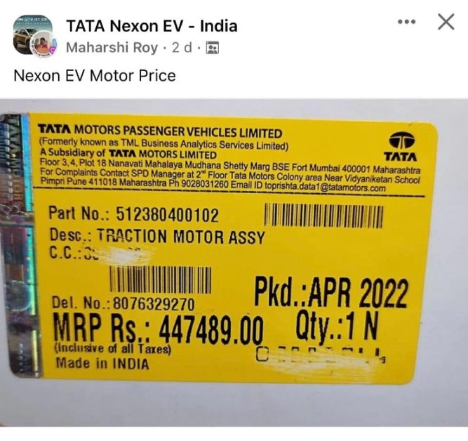 Tata Motors Nexon Electric Vehicle's Powertrain (battery+motor) Costs ...