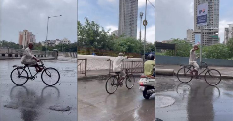 自転車で雨を楽しんでいる老人のビデオは、インターネット上で心をつかんでいます