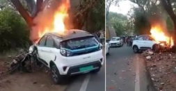 Tata Nexon EV catches fire after a crash in Hyderabad: Passengers escape without injuries [Video]