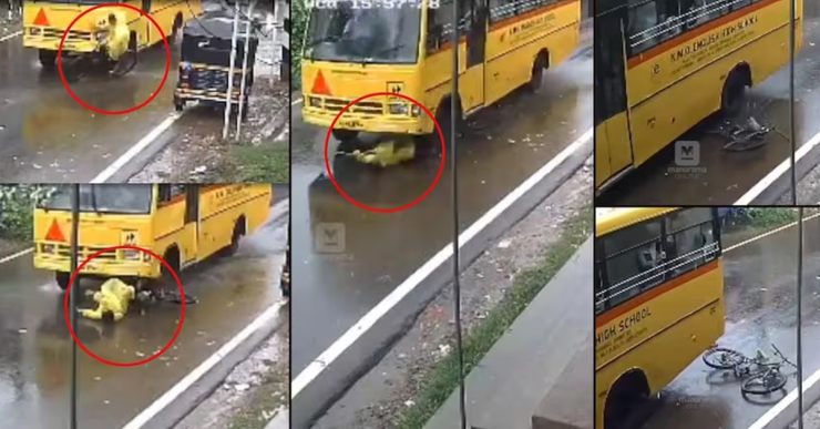 School boy on cycle miraculously escapes getting crushed by a bus