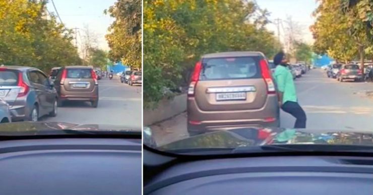 Wrongly parked Maruti WagonR blocks road: Tata Harrier owner moves it out of the way with bare hands [Video]