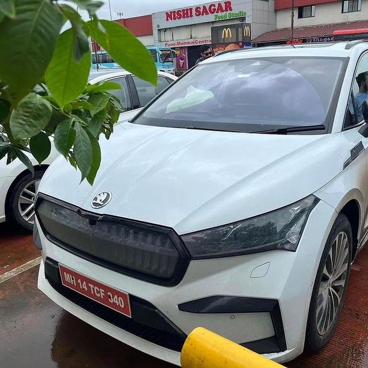 Škoda Enyaq electric SUV spotted parked at a food plaza on the Mumbai Pune Expressway