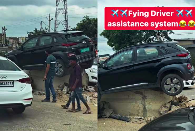 Hyundai Kona EV SUV stuck on a divider: Nobody knows how it got there!