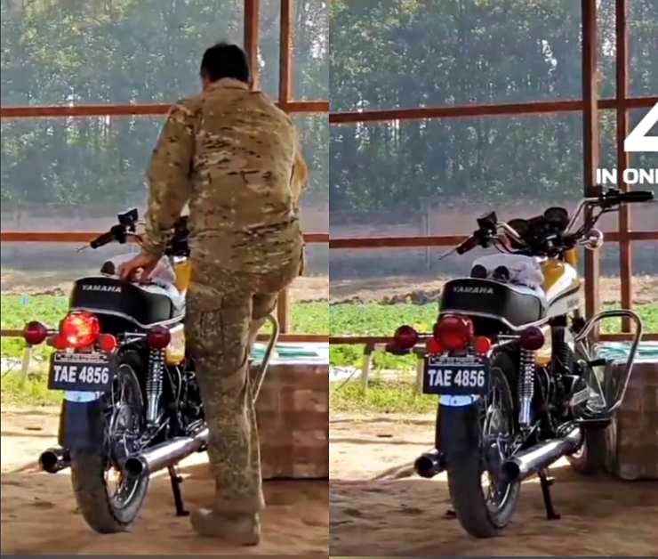 MS Dhoni seen kickstarting his Yamaha RD350 motorcycle at his farmhouse