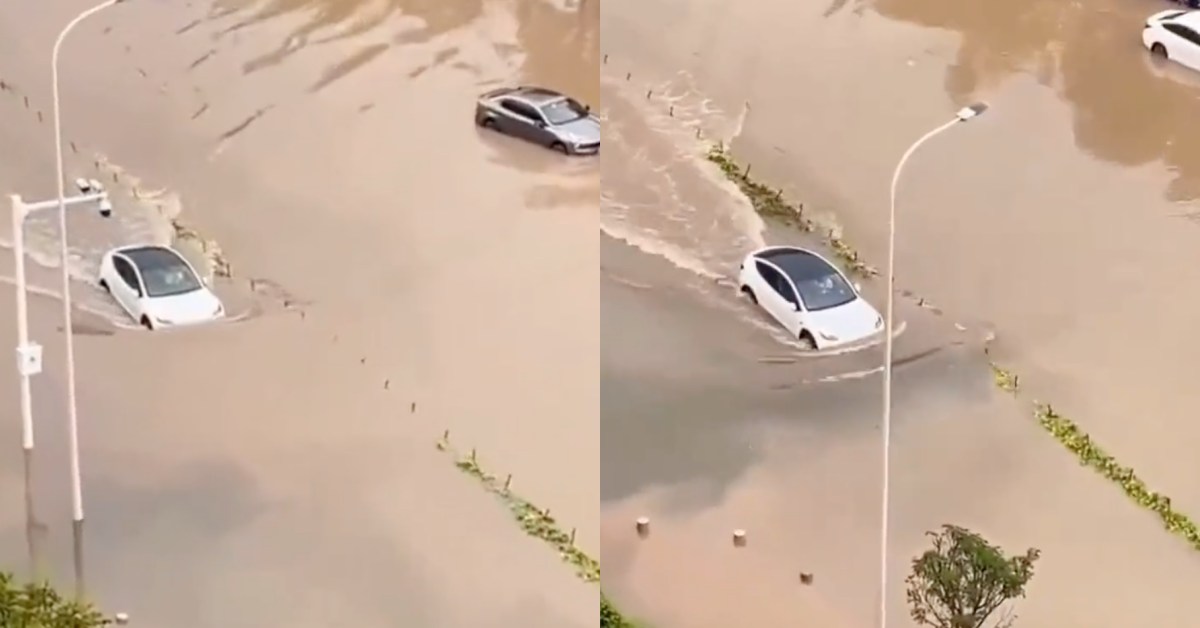 Tesla Model 3 crossing flooded road