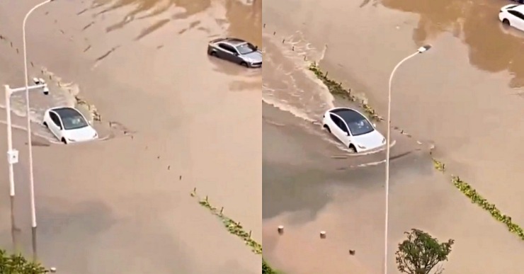 Petrol cars get stuck on flooded road: Tesla Model 3 crosses flooded road comfortably [Video]