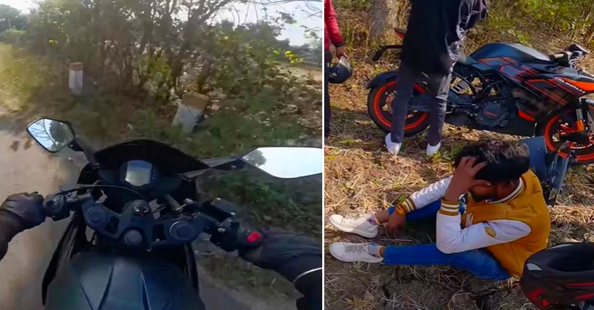 KTM RC200 rider fails to take corner at high-speed: Crashes into field [Video]