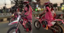 Women in Sarees And Sandals Ride Dirt Bikes On Road [Video]