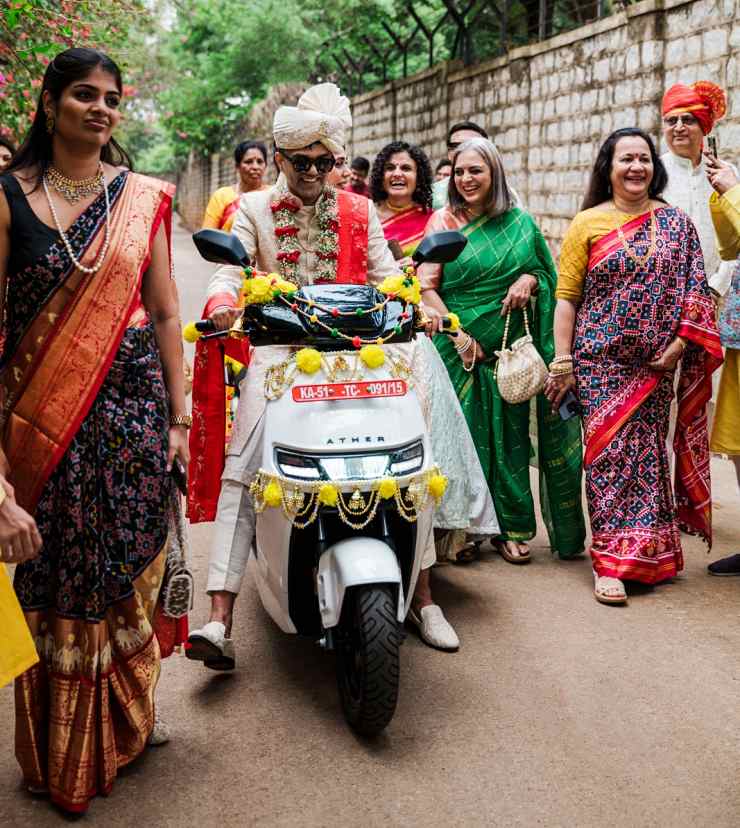 Bengaluru Man Rides Ather Rizta Electric Scooter Instead Of Horse To His Wedding