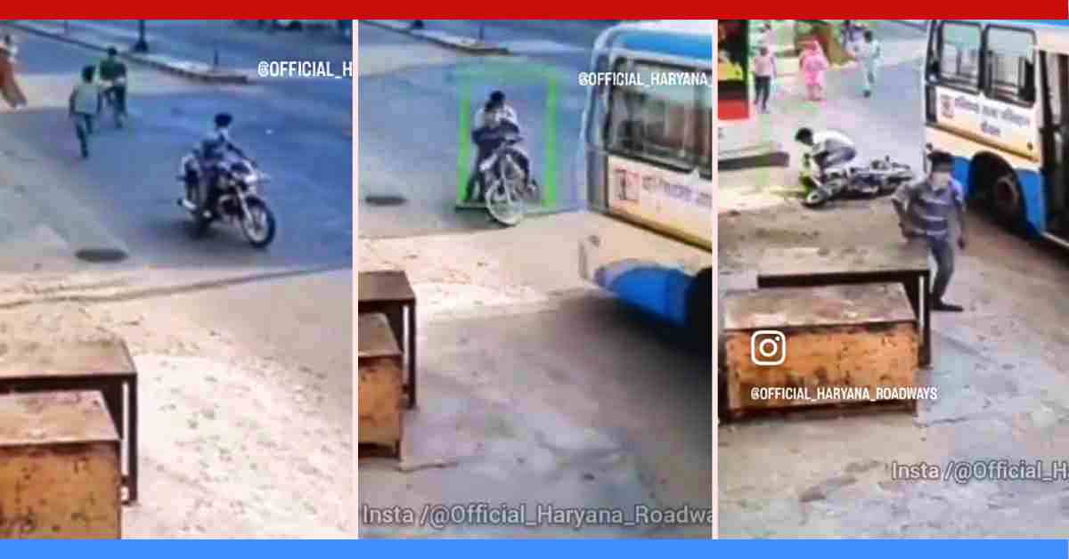 Alert Haryana Transport Bus Driver Deliberately Crashes Into Chain Snatchers On Motorcycle: Video Goes Viral