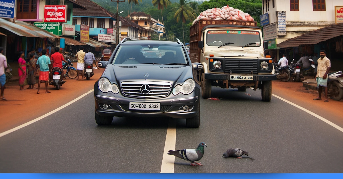 Mercedes luxury car braking to save baby pigeon and approaching fish truck from behind