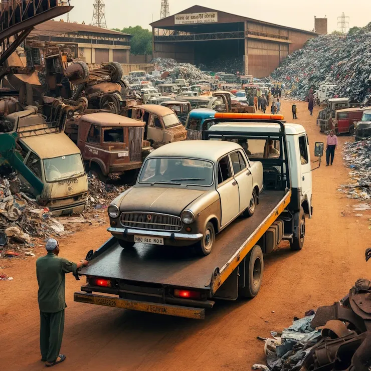 Car being taken to scrapyard on flatbed truck