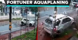 Toyota Fortuner Aquaplanes On Wet Road, Takes Down Electric Pole [Video]
