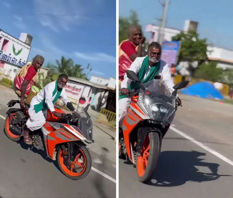 old couple riding KTM bike