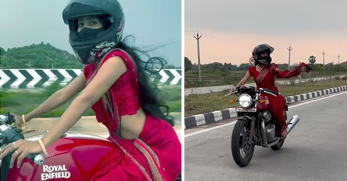 Two photos of girl in red saree rising a red motorcycle on the highway