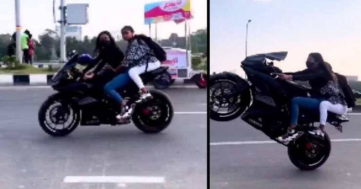 Girl stunting with Yamaha R15