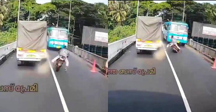 KTM rider comes under bus after overtaking