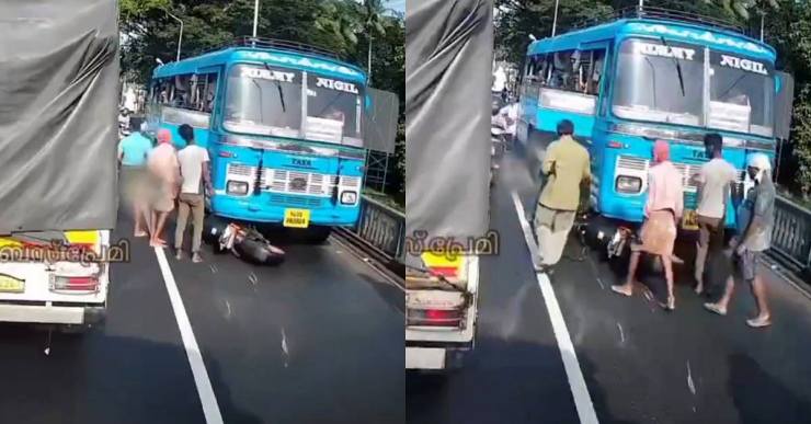 KTM rider overtakes truck comes under bus