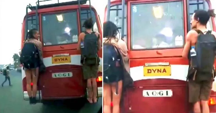 Foreigners seen hanging in the rear of a bus in goa