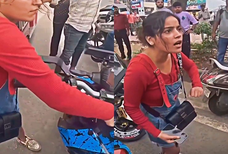 girl fights with bikers on road