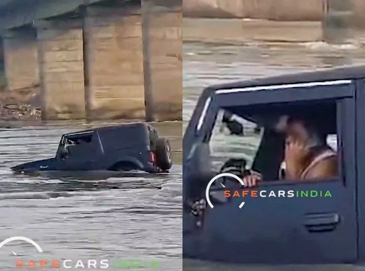 Mahindra Thar stuck in river