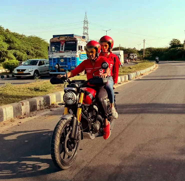 zomato ceo deepinder goyal and wife grecia munoz on a triumph scrambler 400 x