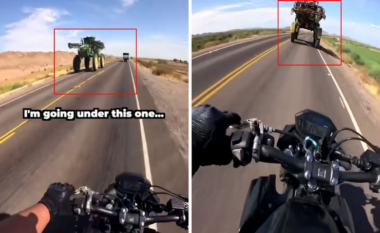 biker passes under the tractor